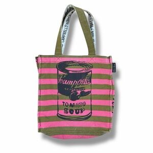Andy Warhol Campbell's Tomato Soup Tote Bag Pink/Green Striped Canvas 15x15”
